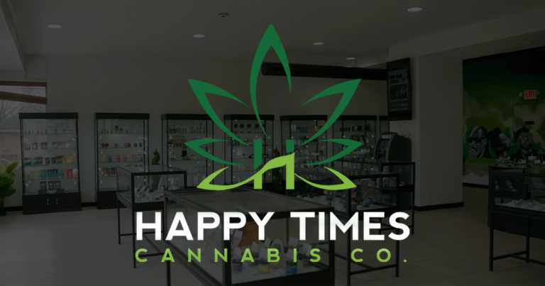 OpenGraph image showing the Happy Times Cannabis logo with a dark overlay over a background of the store interior.